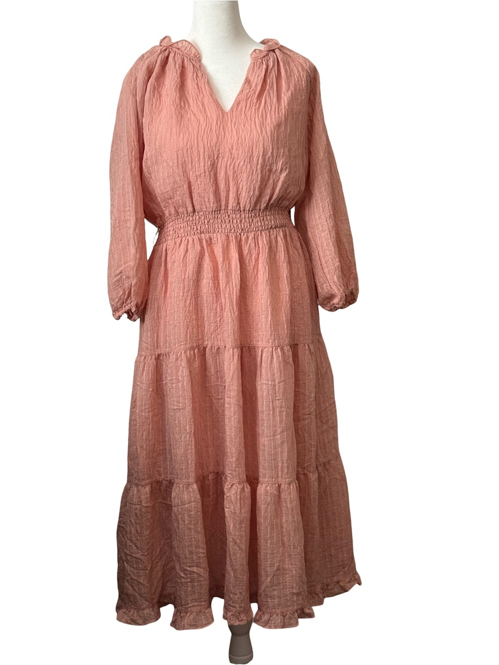 Cottagecore Milkmaid Prairie Gauzy Blush Smocked Waist Tiered Midi Dress size M